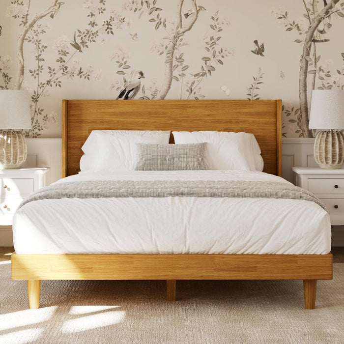 Queen Size Solid Wood Bed Frame with Wingback Headboard, Walnut Brown Finish, Platform Bed Frame, No Box Spring Required