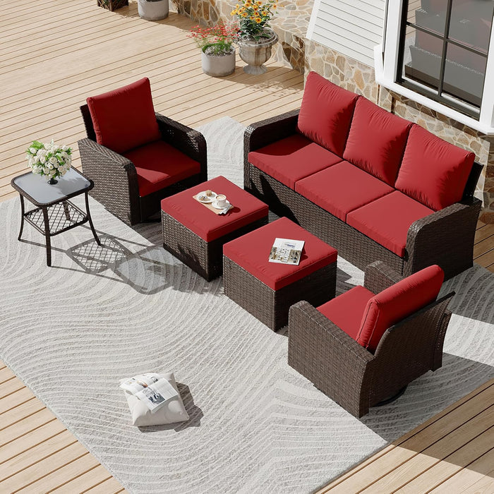 6 Piece Patio Conversation Sets with Sofa Couch, Rattan Wicker Swivel Chairs with 2 Ottoman, Coffee Table & Cushions, Outdoor Furniture Sets for Garden, Poolside, Backyard (Wine Red)