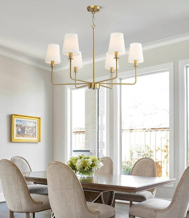 6-Light Classic Chandelier with Brushed Gold Finish & Linen Shades, E12 Base Rustic Ceiling Light Fixture for Kitchen Island, Dining Room, Entryway, Industrial Farmhouse Lighting