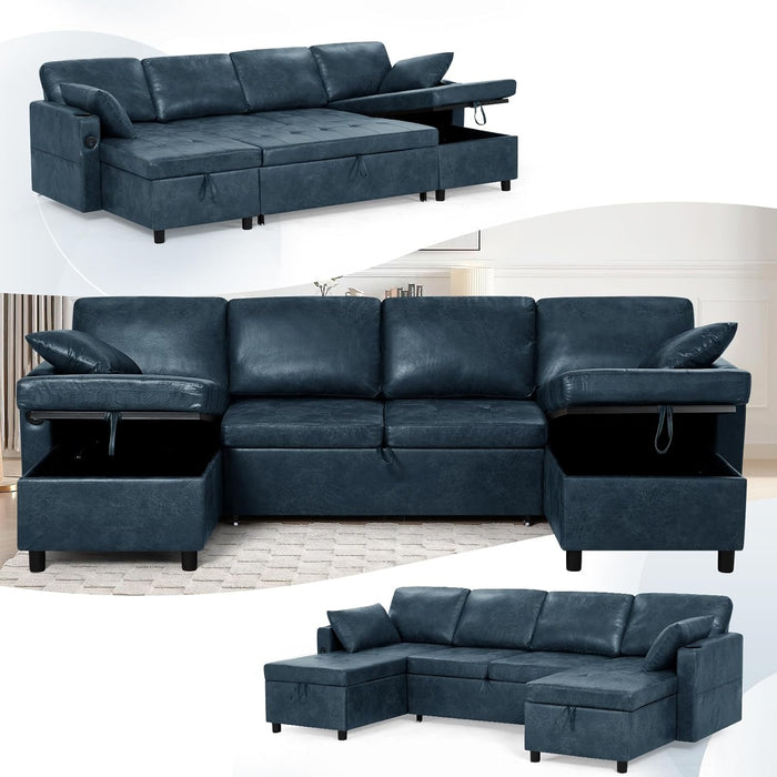Blue Genuine Suede Leather 110Inch Sectional Sleeper
