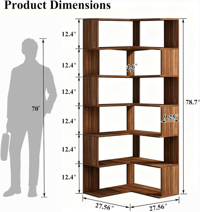 Corner Bookshelf, 6 Tier Corner Bookcase Tall,78.7" L Shaped Bookshelf, Walnut Corner Shelf for Home Office, Living Room,Bedroom