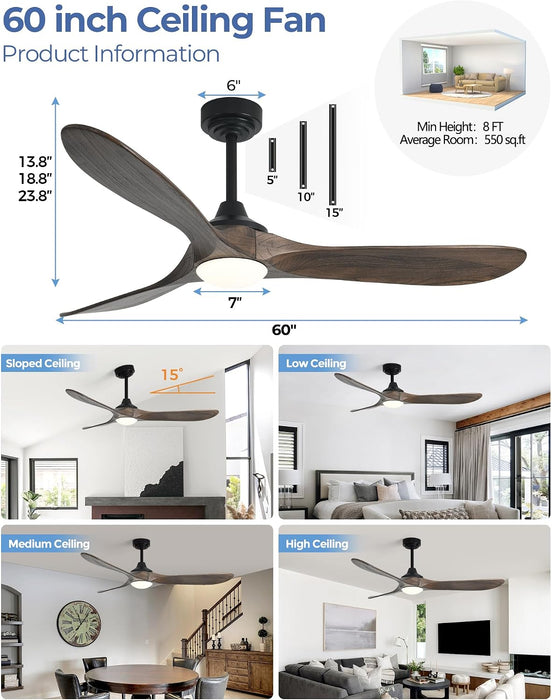 60 Inch Outdoor Ceiling Fans with Lights,Smart Wood Ceiling Fan for Alexa,Google & APP Control,Indoor/Outdoor,3 Blades,3Cct Dimmable,Deep Brown Walnut,Downrod Mount for Patio Porch