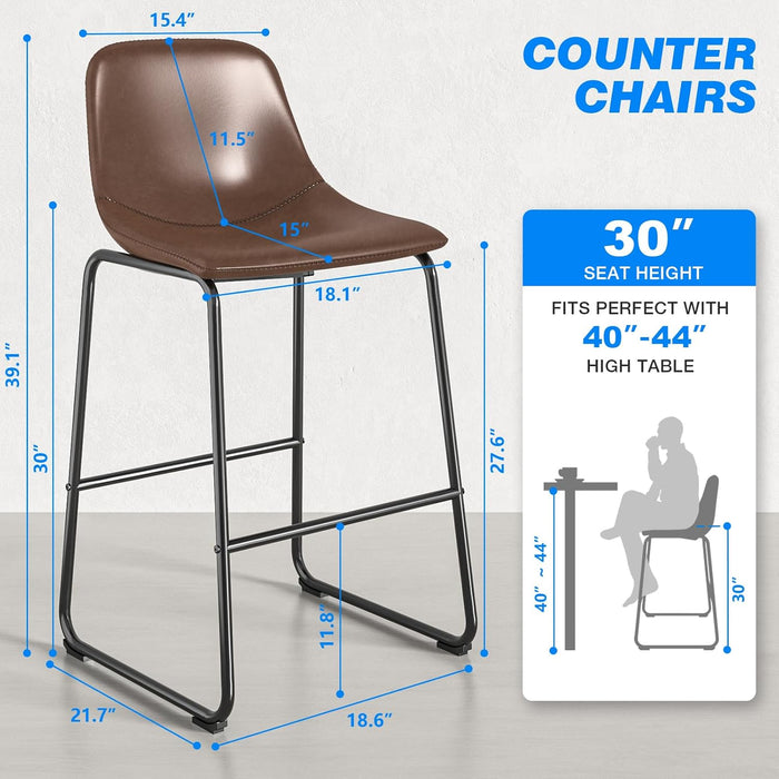 Pu Faux Leather Bar Stools Set of 2, Industrial Pub Barstools with Back and Footrest, Modern Armless Bar Height Stool Chairs (Brown, 30" Barstool X2)