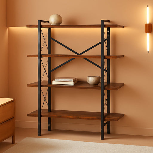 Bookshelf, Rustic Open Book Shelf, Wood and Metal Horizontal Bookshelves (4-Tier)