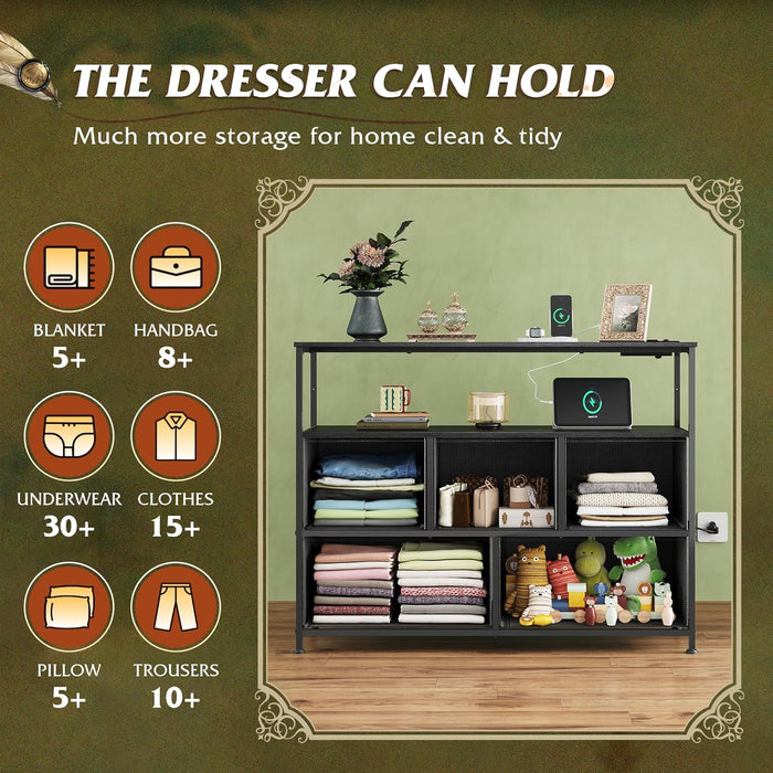 Dresser for Bedroom with 5 Drawers，Fabric Dresser with Charging Station,Chest of Drawer with Open Shelves, Storage Dresser for Living Room, Closet, Entryway, Charcoal Black Wood Grain Printt