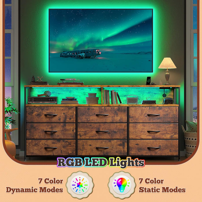 55" W Dresser for Bedroom with 9 Drawers, LED TV Stand with Power Outlets for 45, 55, 65 Inch TV, Sturdy Long Chest of Drawers with Extra 2 Wooden Shelves, Rustic Brown