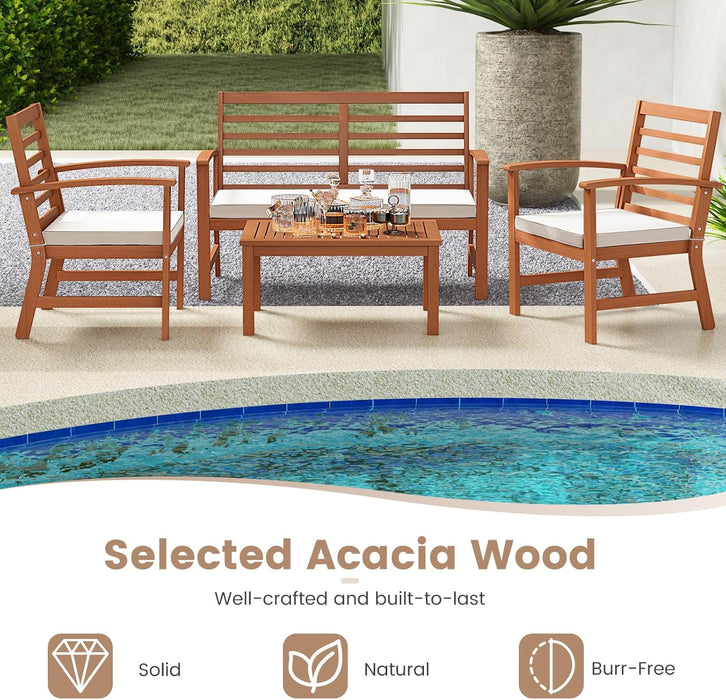 4 Pieces Outdoor Furniture Set, Acacia Wood Conversation Set W/Soft Seat Cushions, Stable Acacia Wood Frame, Patio Sofa & Coffee Table Set for Backyard, Porch, Poolside (White)