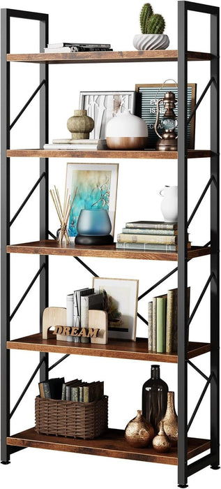 5 Tiers Bookshelf, Classically Tall Bookcase Shelf, Industrial Book Rack, Modern Book Holder in Bedroom/Living Room/Home/Office, Storage Rack Shelves for Book, Brown