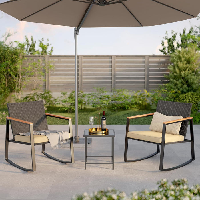 3 Pieces Rocking Patio Bistro Set with Anti-Scald Armrest, Outdoor Patio Wicker Furniture Set with Glass Table and Cushion for Garden, Yard, Porch