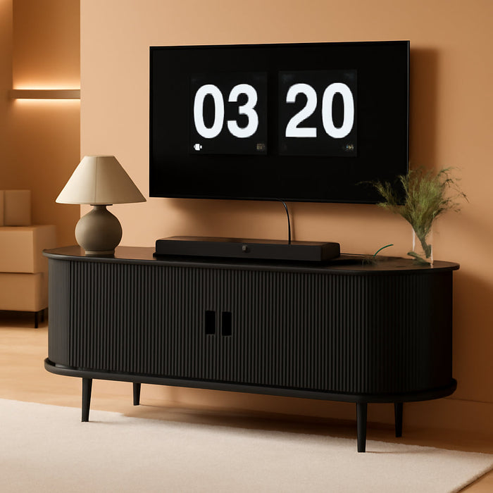 55" TV Stand with Storage for Tvs up to 60", Fluted Entertainment Center with Power Outlet, Modern Media Console with Sliding Door, Adjustable Shelves, TV Stands for Living Room, Black