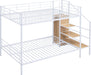 Full over Full Metal Bunk Bed with Storage Ladder and Wardrobe, Modern Iron Bunk Bed Frame with Built-In Shelves and Guardrails for Bedroom, White
