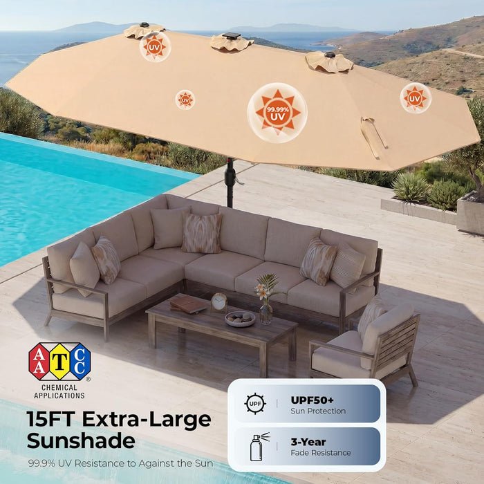 15Ft Large Double Sided Patio Umbrella with 48 Solar LED Lights & Base Included, Heavy Duty Market Table Umbrella with 220Gsm Fade-Resistant Canopy for Commercial & Residential, Deck, Pool, Backyard (Beige)