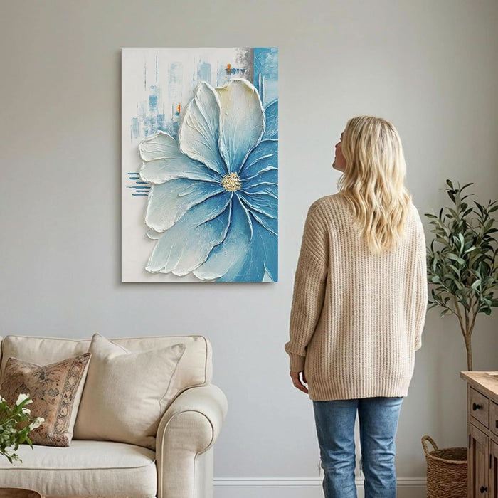 Hand-Painted Blue Floral Canvas Wall Art, 24X36 in Thick Textured Abstract Oil Painting, Vertical Modern Artwork for Living Room, Bedroom, Office, Large Original Wall Decor