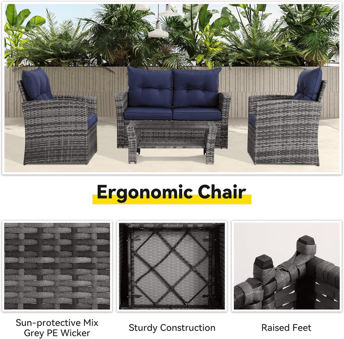 4 Piece Outdoor Patio Furniture Set, Outdoor Sectional Furniture, Wicker Sectional Conversation Sofa Set with Glass Table and Cushions (4 Piece Navy)