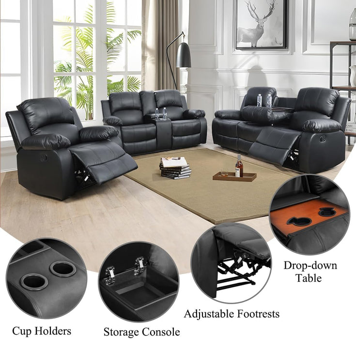 Bonded Leather Reclining Sofa Set with Cup Holders and Storage Console
