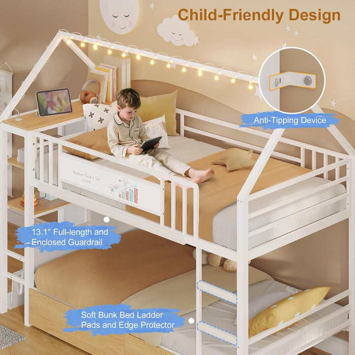 Bunk Bed Twin over Twin with Storage Drawers and Globe String Lights House Shaped Low Bunk Bed with Montessori Bookshelves Metal Bunk Beds for Kids with Ladder and Guardrail,Space Saving,White