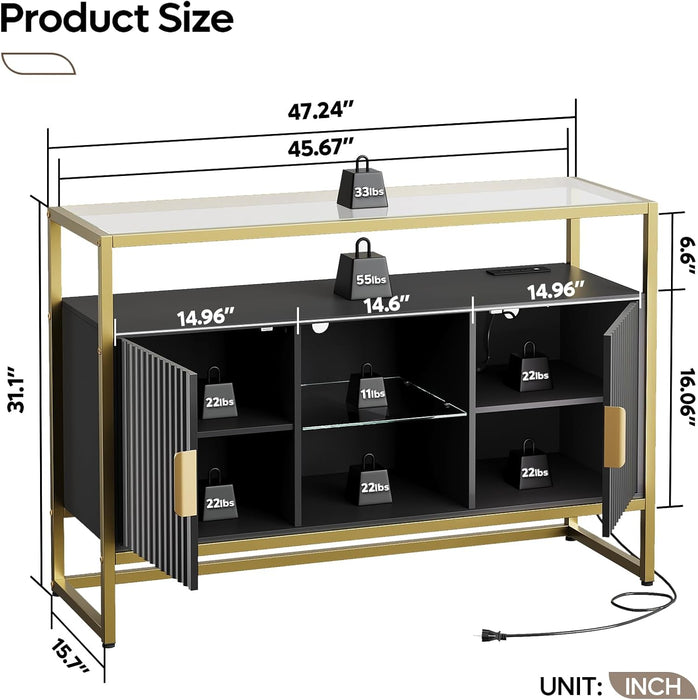 Coffee Bar Cabinet with Power Outlet, 47" Sideboard Buffet with Storage, Glass Shelves, and LED Light, Fluted Bar Cabinet with Door for Living Room, Bedroom, Classic Black