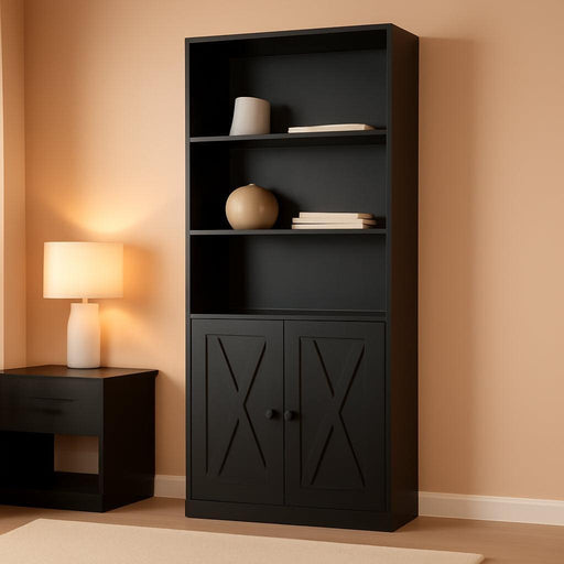 Bookshelf, Industrial Bookshelves and Bookcases with Doors Floor Standing 6 Shelf Display Storage Shelves 70.6 Inches Tall Bookcase for Home Office, Living Room (Black)