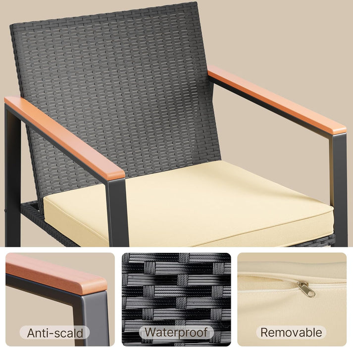 3 Pieces Rocking Patio Bistro Set with Anti-Scald Armrest, Outdoor Patio Wicker Furniture Set with Glass Table and Cushion for Garden, Yard, Porch