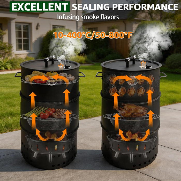 Charcoal Smoker Grill, 20.9" Barrel Charcoal BBQ Smoker, Coated Steel Outdoor Barbecue Grill with 2 Grilling Grates, 1 Hanging Rod, 6 Hooks & Thermometer for Party Backyard Patio Cooking