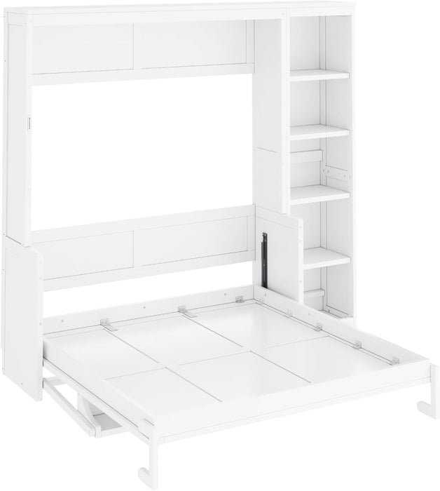 Murphy Bed Chest Full Size,Hideaway Wall Bedframe with Desk and Bookshelf,Space Saving Cabinet Bed W/Shelf,Slat Support,Can Be Folded,Bedroom Furniture for Small Space,White