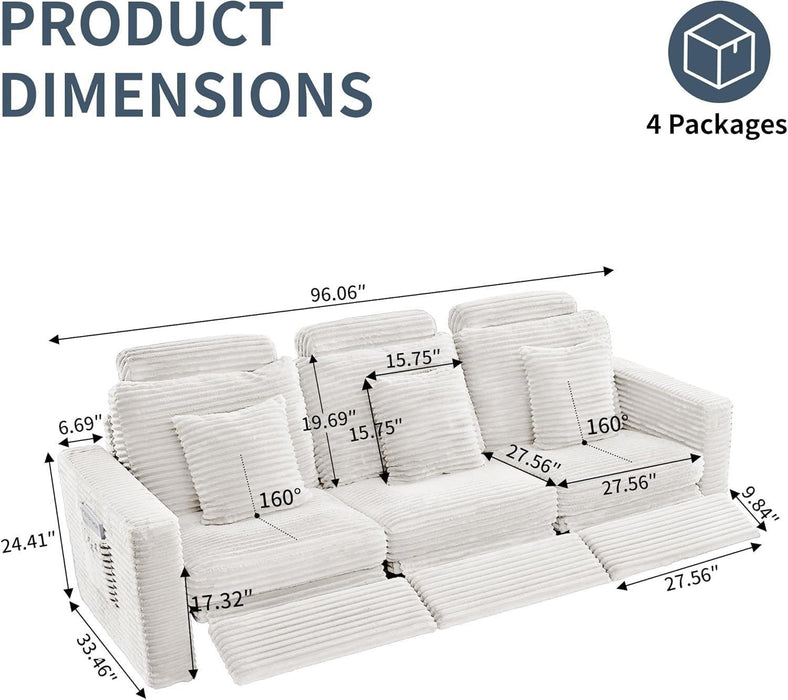 Recliner Sofa, 3 Seater Reclining Sofa with Pillows & Side Pockets, Comfy Corduroy Power Recliner Sectional Couches for Living Room, Apartment, Home Theater (White)