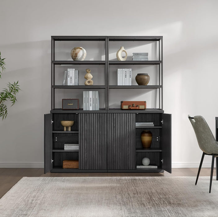 Fluted Book Shelf with Doors 75" Tall Bookshelf with Storage | 6 Tier Large Bookcase with Bottom Cabinet - Modern Metal Book Case for Living Room, Home Office, Kitchen, 3 Pieces