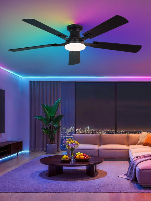 52 Inch Smart Ceiling Fans with RGB Lights, Low Profile Flush Mount Ceiling Fan with Alexa/App/Remote Control, Dimmable 20W LED Light, Black Modern Fan for Living Room, Bedroom, Game Room