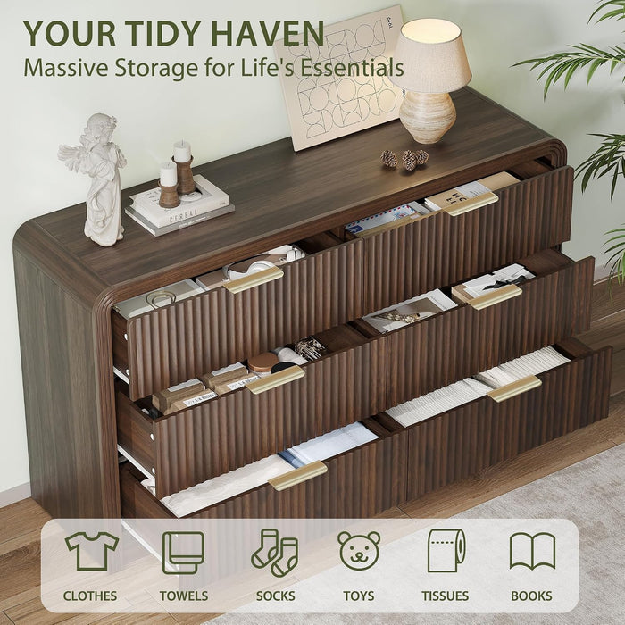 55" W Fluted 6-Drawer Dresser for Bedroom, Walnut