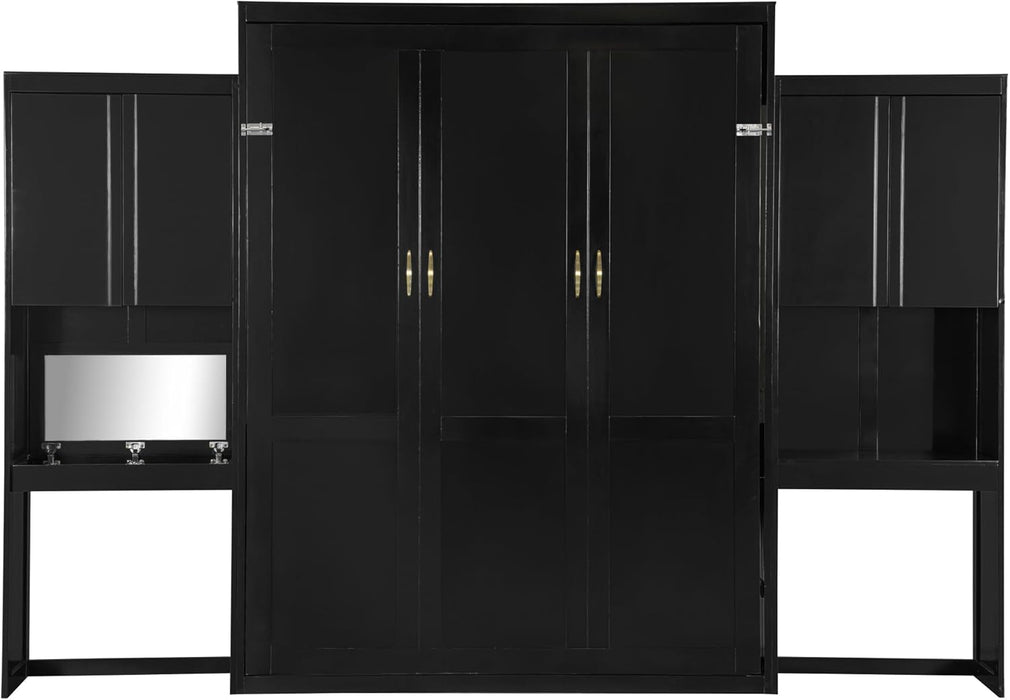 Queen Size Murphy Bed with Desk, Storage Cabinets, Vanity and Mirror for Bedroom, Living Room, Apartment
