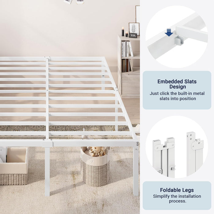 Full Size Bed Frame, 18 Inch Metal Beds with Storage Space, White
