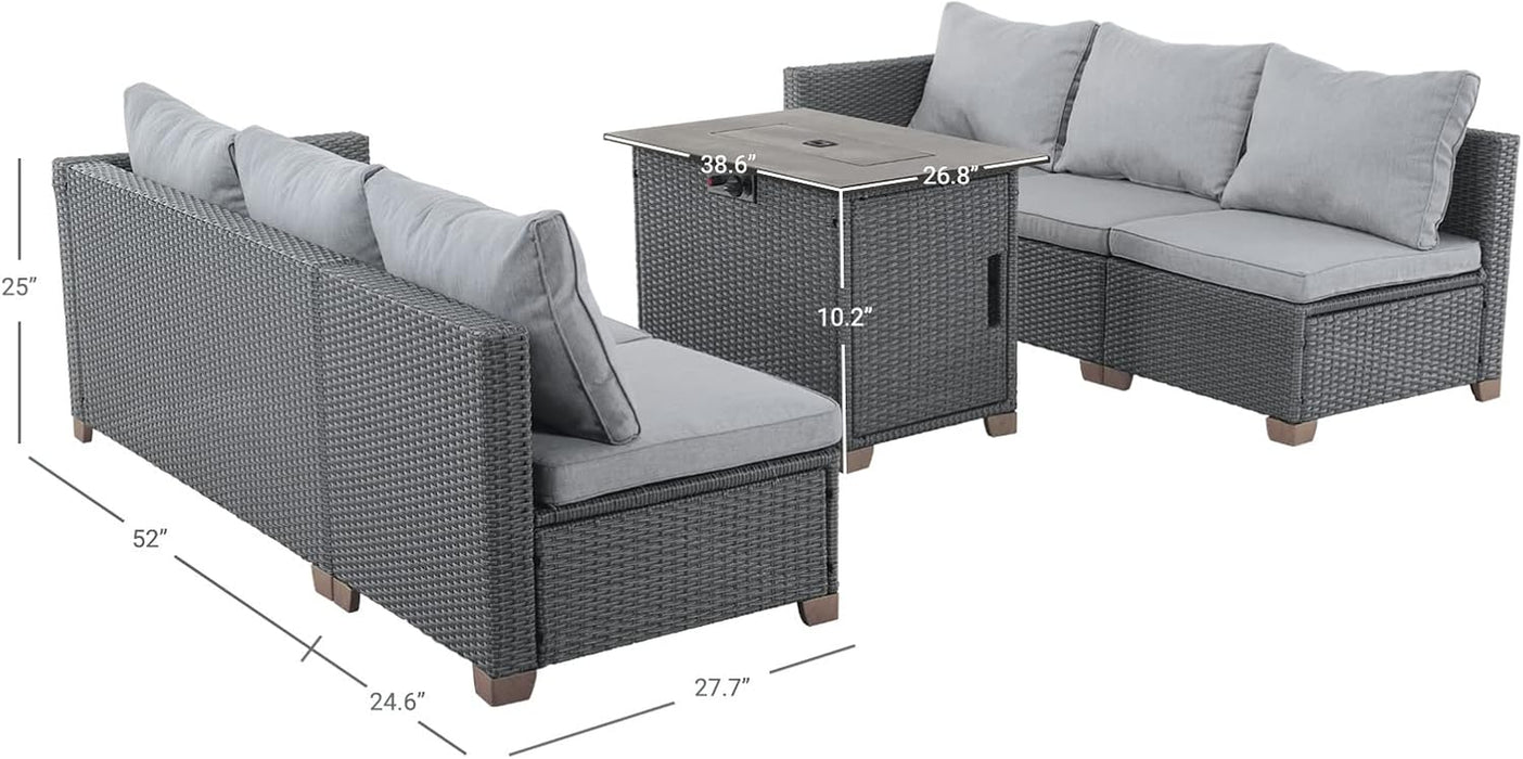 5 Pieces Wicker Outdoor Furniture Set,Patio Furniture Set with CSA Certification Fire Pit Table,Modular Sectional Sofa Sets with Olefin Cushions, 50,000 BTU Heat Output (Light Gray)