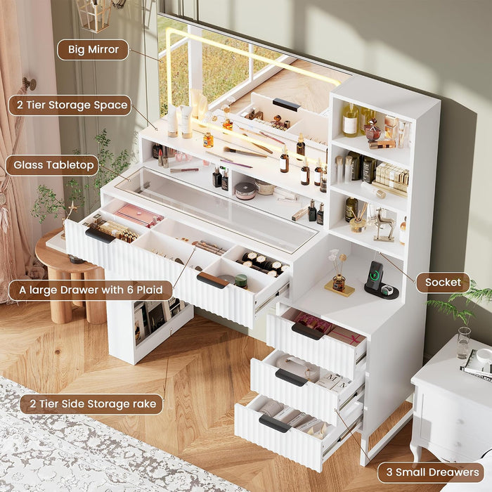 Fluted Vanity Desk with Mirror and Lights,48" Large Makeup Vanity Desk with Charging Station,Dressing Table with 4 Drawers & 3 Open Storage Shelves, Glass Top for Bedroom,Peal White