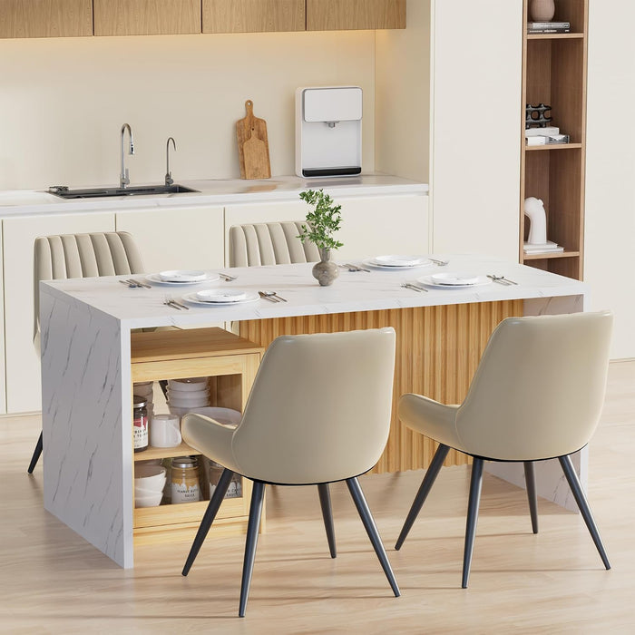 63 Inch Dining Table, Modern Kitchen Dining Room Table with Storage Cabinet, Faux Marble Tabletop and Fluted Wood Base, Rectangular Dining Table for 4-6 People