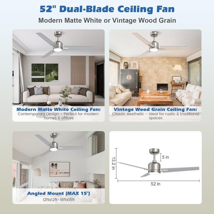 52 Inch Ceiling Fans with Lights and Remote, Brushed Nickel Ceiling Fan, 6 Speed Reversible, 3CCT, Dimmable, Noiseless, 3 Blades, Quiet DC Motor, Silver Ceiling Fan for Bedroom, Indoor and Outdoor