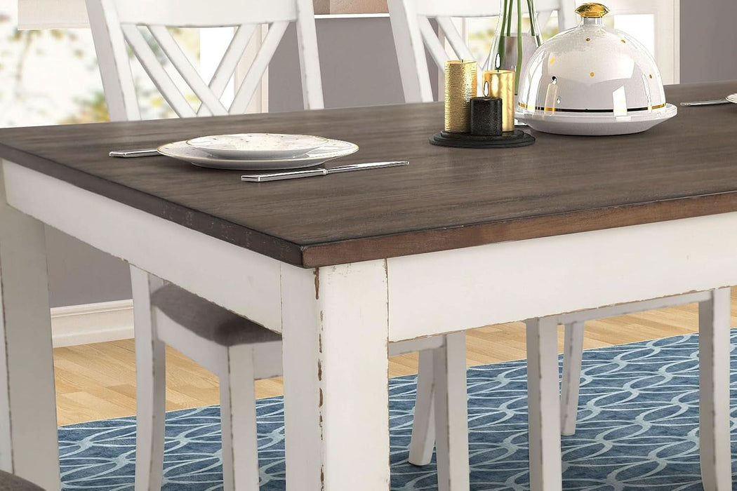 Home Furnishings - Fortress - Wood - 7-Piece Rectangular Dining Table Set – Farmhouse Style with Double-Cross Back Armless Side Chairs - Dining Room - Vintage White, Chestnut Brown - 190721