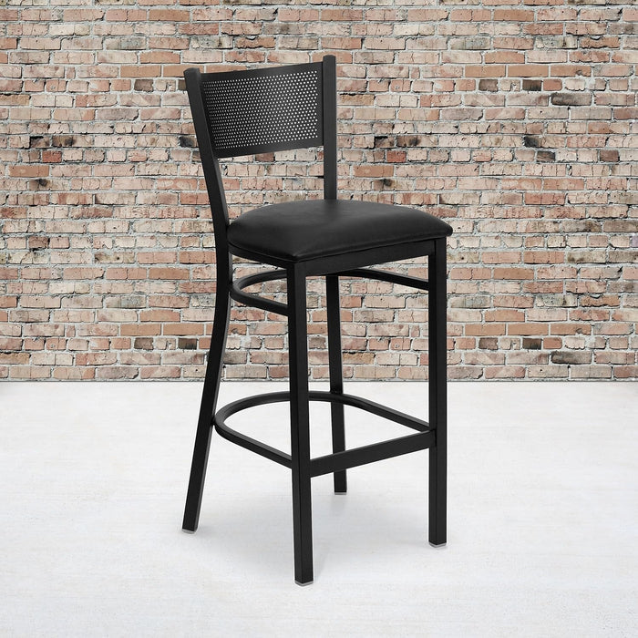 2 Pk. HERCULES Series Black Grid Back Metal Restaurant Barstool - Black Vinyl Seat - ShipItFurniture