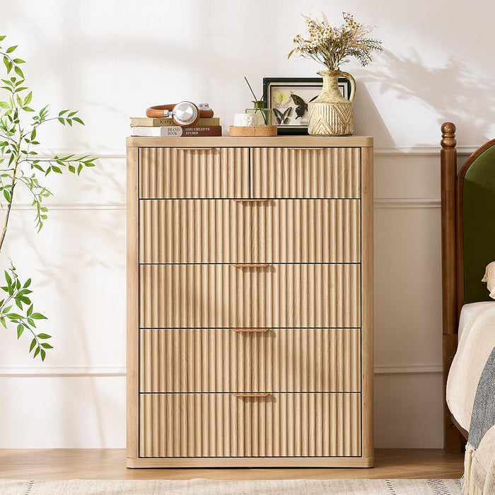 Fluted 6 Drawers Dresser for Bedroom, 42" Tall Modern Chest of Drawers with Metal Handle, Curved Profile Design,Natural Wood Drawer Organizer for Bedroom, Living Room, Hallway, Entryway