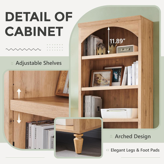 76" Tall Arched Bookcase, Farmhouse 5 Tiers Large Arched Bookshelf Cabinet with Adjustable Shelves, Modern Wooden Book Shelf W/Storage and Open Display Shelves for Living Room, Office-Natural