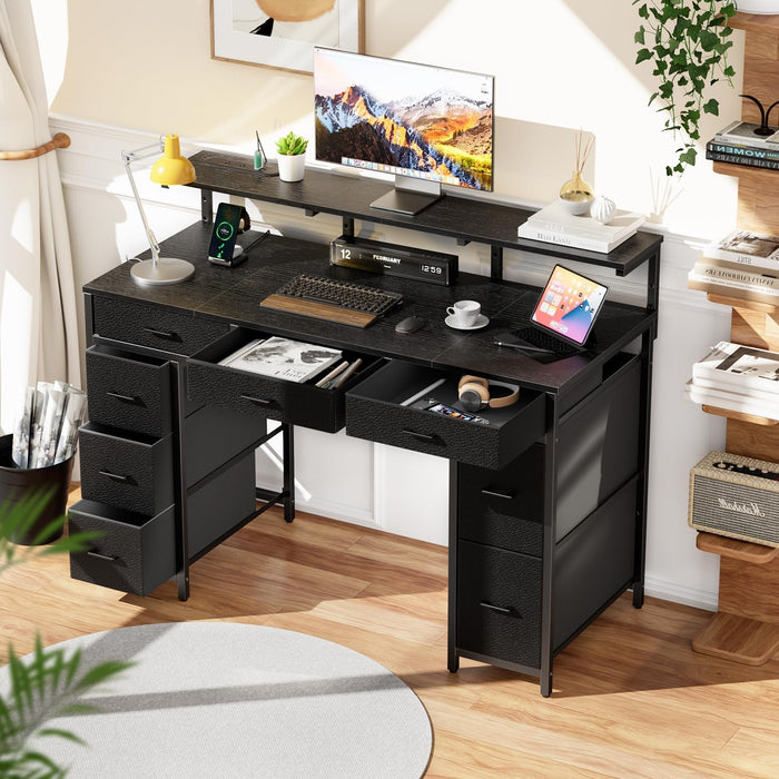 47 Inch Computer Desk with 8 Storage Drawers, Gaming Desk with LED Lights & USB Power Outlets, Home Office Table with Monitor Stand, Study Writing Work Table for Bedroom, Black