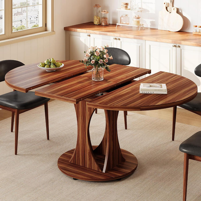 59" Extendable round Dining Table for 6-8, Kitchen Table with Sturdy Double Arc Base & Backboard Clasp Desktop, Mid-Century Modern Dinner Table, Kitchen Dining Room, Space Saving, Walnut