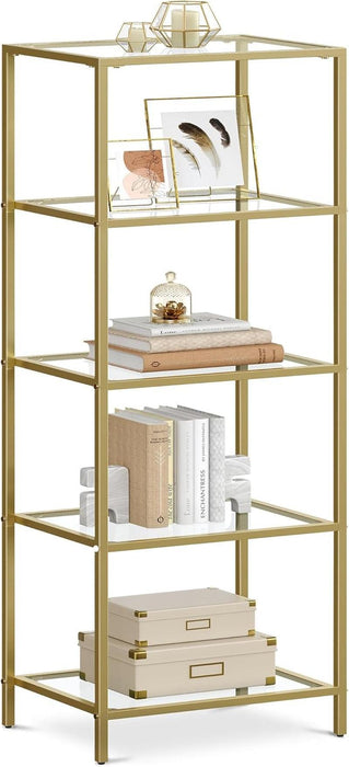 MetallicGold Finished Five Tier Tempered Glass Bookcase