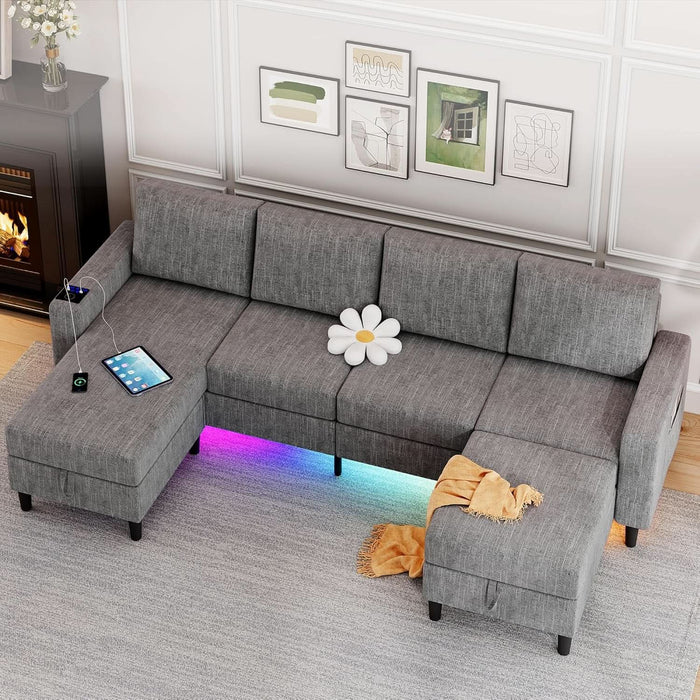 Sectional Couches for Living Room, 4 Seat Linen Sectional Sofa with Reversible Chaise Lounge/Storage Ottoman, U Shaped Couch with Smart Module-Wireless Charging/Usb/Type-C/Rgb Light (Light Grey)