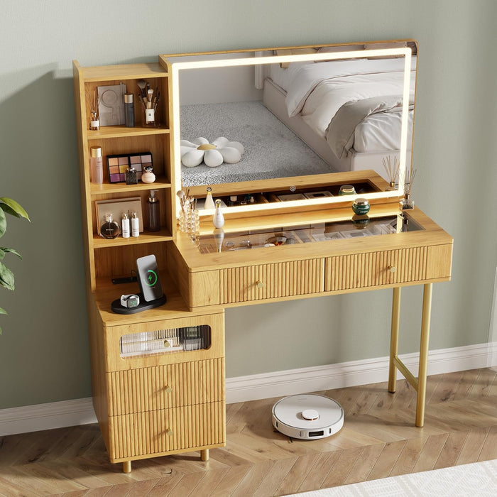 Vanity Desk with Mirror and Lights, Fluted Makeup Vanity with Glass Top, 48" Modern Vanity with 5 Drawers & Open Shelves, 3 Lighting Modes Adjustable Brightness for Bedroom, Natural