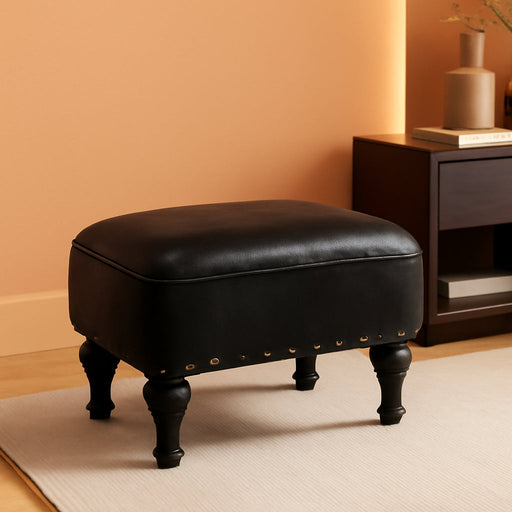 Ottoman Leather Foot Rest with Thicker Foam Padded Seat, Footstool with Wooden Legs (Black)