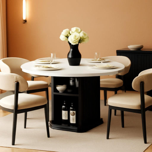 round Dining Table for 4, 47 Inch Modern Farmhouse Kitchen Table with Storage Shelf and Wood Slide Doors, Circle Dinner Table with Quartz Top and Wood Grain Base for Dining Room Kitchen (Black)