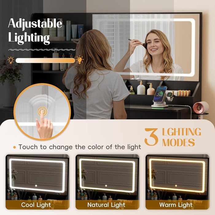 Vanity Desk with Lights and Mirror, L Shaped Makeup Table, Dresser with Hairdryer Holder and Power Outlet, Adjustable 3 Lighting Modes, 5 Drawers and Adjustabled Open Storage Shelves, Black