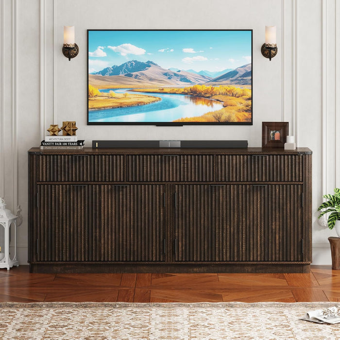 70” Rounded Edge Large Sideboard Buffet Cabinet with 3 Storage Drawers,Farmhouse Kitchen Fluted Sideboard Cabinet W 4 Door Shelves,Wood Coffee Bar Cabinets,Kitchen Pantry (Rustic Brown)