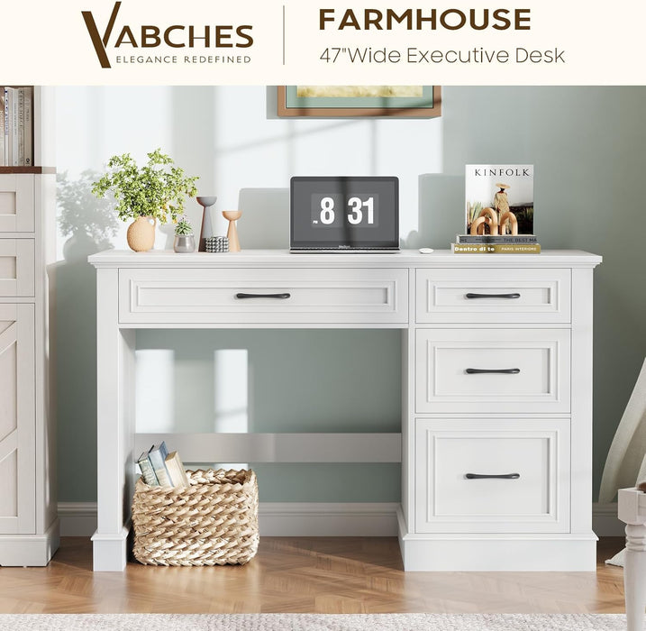 Farmhouse 47" Executive Desk with File Drawer, Computer Desk with 4 Drawers, Workstation for Study, Home Office, Writing, Cream White.