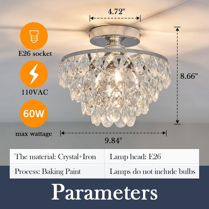 Modern E26 Small Crystal Chandelier Semi Flush Mount Ceiling Light Fixture Silver Ceiling Lamp for Hallway Bedroom Bathroom Closet Bedroom Foyer （Chrome）